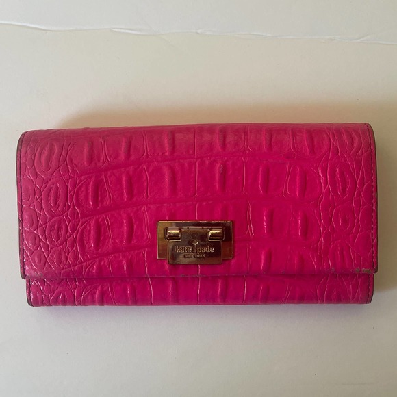 kate spade Handbags - Kate Spade Neon Pink  Croc Leather Wallet with Golden Hardware